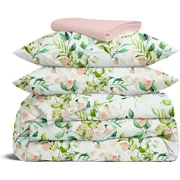 Комплект постільної білизни Cosas євро з простирадлом на резинці FLORAL LEAVES 200 x 220 см (FoliageGreenBudRose_El-40Rose_200)