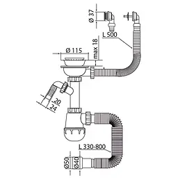 Сифон для кухонної мийки Mixxus SK-07-B з нержавною сіткою, відведенням для пральної машини та гнучким круглим переливом 3 1/2"×40 MI8199 - мініатюра 2