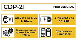 Шуруповерт професійний акумуляторний Zegor CDP-21/21В/37 Нм/дві швидкості/2 батареї 21 В 2 Ач/реверс/підсвічування/кейс
 - мініатюра 9