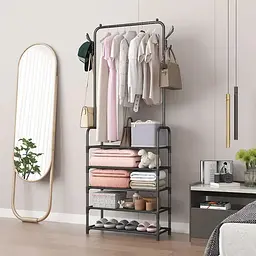 Вішалка для одягу з полицями для взуття Clothes Rack Up / Металева підлогова стійка 170×60×26 см - мініатюра 2