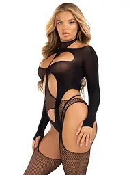 Бодістокінг 2 в 1 Leg Avenue Bodystocking with cutout teddy, One Size, чорний, панчохи-сітки і тедді - мініатюра 4