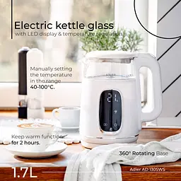 Електрочайник Adler AD 1305 white silver 1850-2200Вт/ 1.7л/ скло/ встановлення температури/ - мініатюра 7