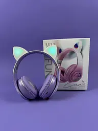 Навушники фіолетові Bluetooth з вушками котика C64092, з підсвіткою, мікрофоном, картою пам'яті та AUX, 400 mAh