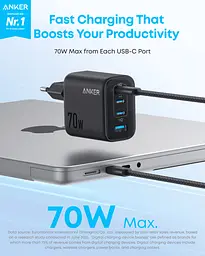 Мережевий зарядний пристрій Anker Charger - 70W, 3xUSB-C PD 3.0 & 1xUSB-A Black (7263069) - мініатюра 2