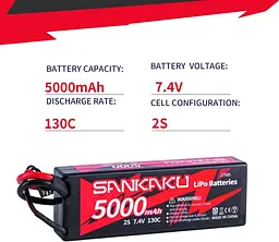 Акумулятор SANKAKU 130C 5000 мАг Lipo 2S 7,4 В, жорсткий, з роз'ємом Deans T для радіокерованих баггі, автомобілів, вантажівок - мініатюра 5