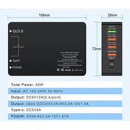 Зарядний пристрій Primo WLX-518 1xUSB QC3.0 / 3xUSB / 1xType-C /1xPD Type-C / 65W (Max) чорний - мініатюра 3