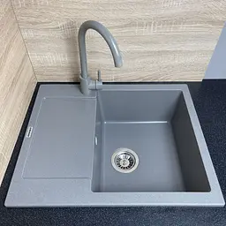 Adamant Набір кухонний Minimal, штучний камінь, прямокут., з крилом, 615х495х200мм, чаша - 1, врізна, сірий + змішувач та дозатор - мініатюра 2