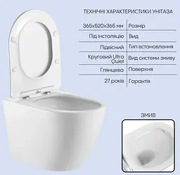 Набір Qtap Nest 4 в 1 підвісний унітаз Robin Ultra Quiet 520x365x365 + комплект інсталяції QT13332381AW47505 - мініатюра 3