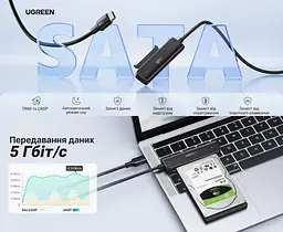 Кабель-адаптер для накопичувачів UGREEN CM321 0,5 м USB-C 3.1 Gen 1 до SATA 3.0 7+15 pin лише для HDD та SSD 2,5″ передавання до 5 Гбіт/с без додаткового живлення з UASP з TRIM з діагностикою S.M.A.R.T. з автоматичним режимом сну для Windows macOS Linux та Chrome OS без встановлення драйверів чорний (70610) - мініатюра 2
