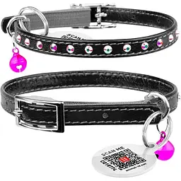 Нашийник для котів Waudog Glamour шкіряний з еластичною вставкою та стразами 22-30х0.9 см чорний - мініатюра 3