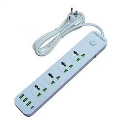 Мережевий фільтр подовжувач 2 метри на 4 розетки, 3 USB 3.4A, Type-C з вимикачем та заземленням 3000Вт 16А Power Socket J02 білий
