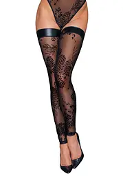 Панчохи без миска Noir Handmade F243 Tulle stockings with patterned flock embroidery, S