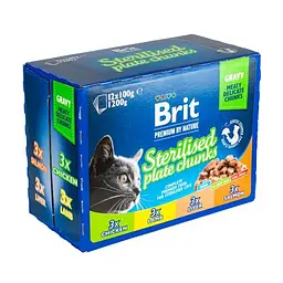 Вологий корм Brit Premium Cat Набір павучів сімейна тарілка для стерилізованих кішок, асорті 4 смаки, 100 г х 12 шт. - мініатюра 4