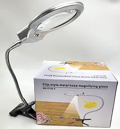 Настільна лупа на прищіпці з 2 LED підсвічуванням збільшувальне скло 2х d=90 мм UKC 15120