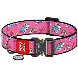 Нашийник для собак Waudog Nylon Єдинороги, з QR паспортом, металева пряжка-фастекс, XXL, 43-70х3,5 см