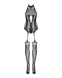 Бодістокінг Obsessive Bodystocking F240, S/M/L, чорний, мереживний малюнок, імітація боді з панчохами
