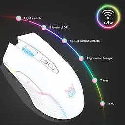 Комп'ютерна мишка Onikuma ігрова бездротова C105 з RGB підсвіткою 2.4GHz 600-3600 DPI 7 кнопок безшумна для ПК та ноутбука біла - мініатюра 3