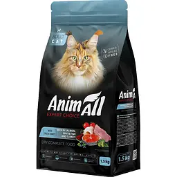 Повнораціонний сухий корм для котів AnimAll з лососем, білою рибою та свіжою індичкою 1.5 кг