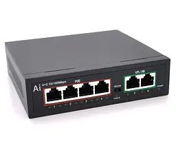 POE-комутатор Merlion BTD6004 4xPOE 10/100 + 2 RJ45 10/100, вбудований блок живлення 52 В 1,05 А - мініатюра 1