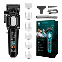 Акумуляторна машинка для стрижки VGR V-600, 6 насадок, регулятор висоти, 7000 RPM, LED-дисплей Чорна - мініатюра 2