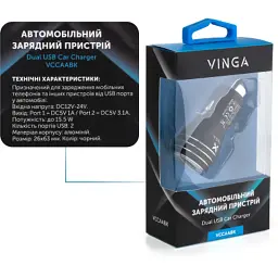 Зарядний пристрій Vinga Dual USB Car Charger aluminium 15.5W Max (VCCAABK) - мініатюра 3