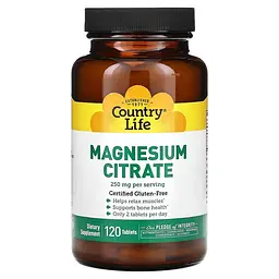 Магній, кальцій та фосфор Country Life Magnesium Citrate, 120 таблеток для підтримки кісток
