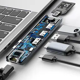 Usb Hub Baseus Thunderbolt C Pro Seven-in-one Dual Type-C to Usb3.0x2 + HDMI + RJ45 Ethernet + Type-C PD + microSD + SD card Сірий - мініатюра 5