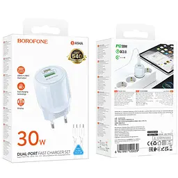 МЗП Borofone BA94A Lustrous PD30W+QC3.0 (1USB-A/1C) + кабель Type-C to Type-C Blue - мініатюра 4