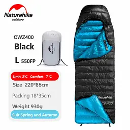 Спальник з натуральним пухом Naturehike CW400 NH18C400-D розмір L чорно-блакитний - мініатюра 2