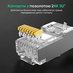 Екрановані мережеві конектори UGREEN NW123 10 шт. із 10 напрямними вставками для жил Ø0,56–0,60 мм з ізоляцією Ø1,10–1,50 мм штекери RJ45 8P8C Cat 6A до 10 Гбіт/с потрібен обтискний інструмент для екранованих штекерів RJ45 для однодротяних і багатодротяних провідників із заднім затискачем кабелю із позолоченими контактами сріблясті з прозорими елементами та золотистими контактами (70316) - мініатюра 5