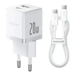 МЗП Baseus Palm Fast Charger Type-C+USB 20W + Cable Type-C to Type-C P10111608213-01 White