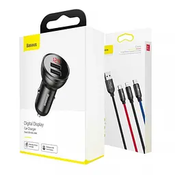 Автомобільний зарядний пристрій Baseus Digital Display Dual USB 4.8A Car Charger with 3-in-1 Cable USB 1.2M Сірий - мініатюра 2