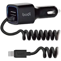 Автомобільний зарядний пристрій BUDI Car charger Blue Led Lightning 1.2m + 1USB 2.4A Black - мініатюра 2