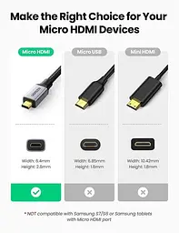 Кабель Ugreen Micro HDMI штекер to HDMI 2.0 роз'єм 4K 60Hz 3D нейлонова обплетення 25CM Gray (HD149) - мініатюра 4