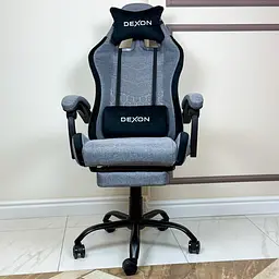 Геймерське крісло DEXON ORION X з підставкою для ніг, з тканини+подушки велюр, металева хрестовина, Сірий - мініатюра 3