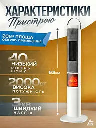 Тепловентилятор з авто-поворотом і нічником, 3 режими, Обігрівач-дуйка 2000W з імітацією каміна, Білий (3386509451) - мініатюра 4