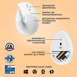 Бездротова миша Logitech Lift Vertical Ergonomic Mouse Wireless/Bluetooth Off-White (910-006475) - мініатюра 6