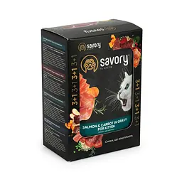 Набір паучів для кошенят Savory Kitten with Salmon and Carrot in Gravy \"3+1\", лосось з морквою в соусі, 85 г