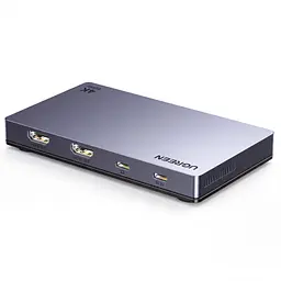 Двоканальна карта захоплення відео та аудіо UGREEN UG505 2 входи HDMI та вихід USB-C запис 4K 60 Гц / 2K 144 Гц / 1080p 240 Гц без наскрізного HDMI-виходу потрібне окреме живлення через USB-C 5 В мікрофонний та лінійний входи 3,5 мм картинка в картинці через програму трансляцій RGB24 без стиснення при 1080p 60 Гц сумісна з OBS без встановлення драйверів алюмінієвий корпус із вентиляцією USB 3.2 Gen 2 10 Гбіт/с сіра з чорним оздобленням (95779)