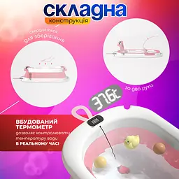 Ванночка дитяча складна з матрациком для для купання, з термометром, та зливом, для новороджених та немовлят від 0 до 2.5р. (біло-рожева сolombokid) - мініатюра 3