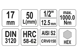 Головка торцева Yato квадрат 1/2" HEX M17 L= 55 мм (YT-04388) - мініатюра 3