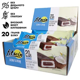 Блок протеїнових батончиків FitWin Protein Bar 20%, 12x60 грам з начинкою - Кокос