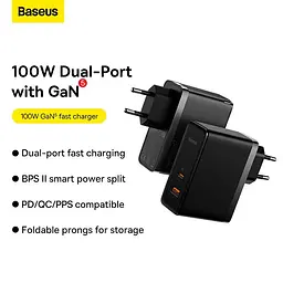 Блок живлення мережевий адаптер Baseus GaN5 Pro Fast Charger 100 W (CCGP090201) чорний - мініатюра 9