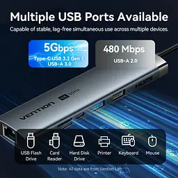 Док-станція USB3.2 Type-C --> HDMI 60Hz/USB 3.0/USB2.0/RJ45/SD/TF/PD 100W Hub 8-in-1 Vention - мініатюра 6