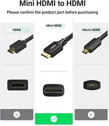 Кабель Ugreen Mini HDMI штекер to HDMI 2.0 роз'єм 4K 60Hz 25CM Black Aluminum Shell Braided (15843) - мініатюра 2