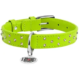 Нашийник для собак Waudog Glamour, шкіряний, зі стразами, з QR паспортом, L, 30-39х2 см, салатовий
