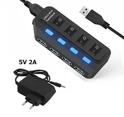 Хаб USB Lapara 4 порта USB 3.0 с 4-мя выключателеми ON/OFF для каждого порта, с БП 2А/5В, черный