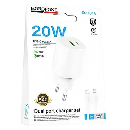 МЗП Borofone BA104A Pudding PD20W+QC3.0 (1USB-A/1C) + кабель Type-C to Lightning White - мініатюра 2