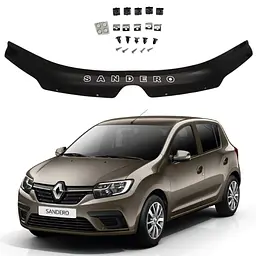 Дефлектор капоту мухобійка для Renault Sandero 2013-2020 Євро Кріплення (Voron Glass) MR11913