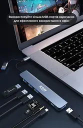 USB-хаб XON SmartHub 9 в 1 (Ethernet, SD/TF, 2xUSB2.0, 2xUSB3.0, Type-C, 3.5 Audio) Сірий (UHCHP093322G 5238) - мініатюра 7